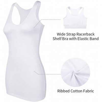 Camisoles & Tanks Womens Extra Long Tank Tops with Shelf Bra Ribbed Cotton Camisoles Undershirts - White With Racerback - C31...