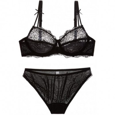 Bras Sheer Plus Size Sexy Lace Lingerie Set Bras and Panties with Bow Tie Detail - Black - C812OCUOE80