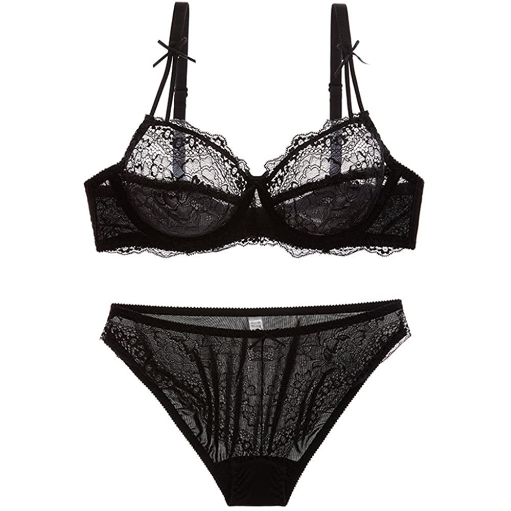 Bras Sheer Plus Size Sexy Lace Lingerie Set Bras and Panties with Bow Tie Detail - Black - C812OCUOE80