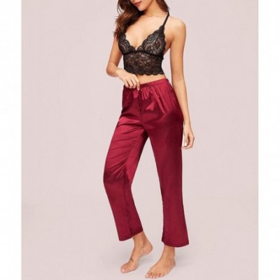 Sets Women Lace Pajamas Set Lace Cami Tops with Shorts Sexy Sleepwear Lingerie Women Pajamas Sleep Shorts Wine Red Pants - CV...