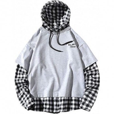 Thermal Underwear Men Fake Two-Piece Plaid Print Hooded Sweatshirt Splicing Pullover Long Sleeve Tops - Gray - CZ18A47W4KI