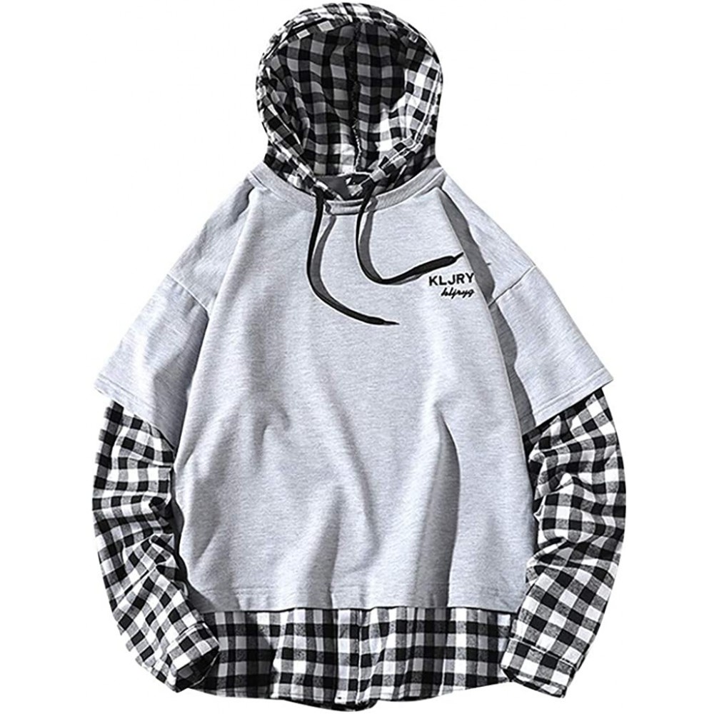 Thermal Underwear Men Fake Two-Piece Plaid Print Hooded Sweatshirt Splicing Pullover Long Sleeve Tops - Gray - CZ18A47W4KI