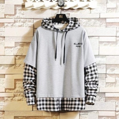 Thermal Underwear Men Fake Two-Piece Plaid Print Hooded Sweatshirt Splicing Pullover Long Sleeve Tops - Gray - CZ18A47W4KI