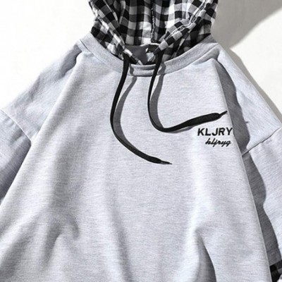 Thermal Underwear Men Fake Two-Piece Plaid Print Hooded Sweatshirt Splicing Pullover Long Sleeve Tops - Gray - CZ18A47W4KI