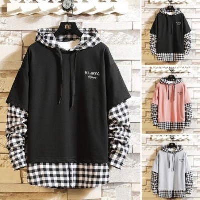 Thermal Underwear Men Fake Two-Piece Plaid Print Hooded Sweatshirt Splicing Pullover Long Sleeve Tops - Gray - CZ18A47W4KI