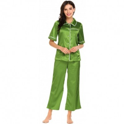 Sets Women Patchwork Trumpet Short Sleeve Tops with Wide Leg Ankle Length Pants Pajamas Sets - Green - C018H55H5ZA