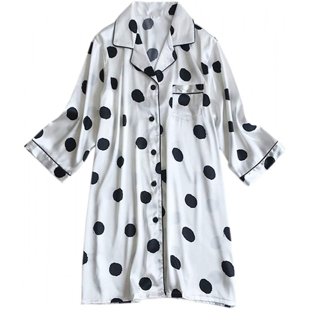 Nightgowns & Sleepshirts Women's Satin Dot Print Button Down Sleepshirt Nighrtwear - White - CO19CA7GX2N