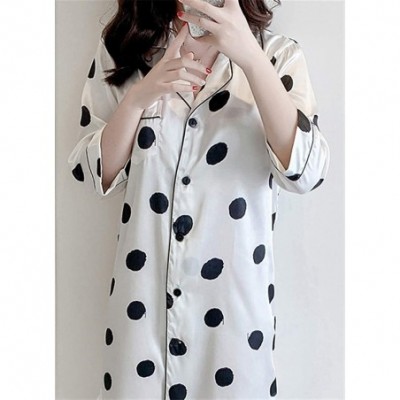 Nightgowns & Sleepshirts Women's Satin Dot Print Button Down Sleepshirt Nighrtwear - White - CO19CA7GX2N