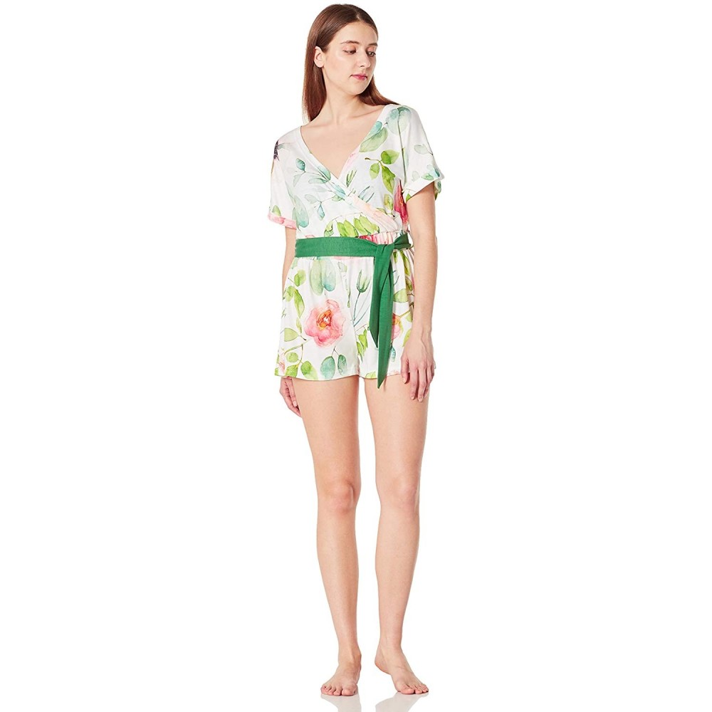 Sets Women's Soft Wrap Pajama Romper Short Sleeve Sleepwear with Drawstring Small-XX-Large - Green Floral - CI18RS9XZ4Q