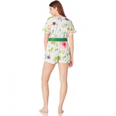 Sets Women's Soft Wrap Pajama Romper Short Sleeve Sleepwear with Drawstring Small-XX-Large - Green Floral - CI18RS9XZ4Q