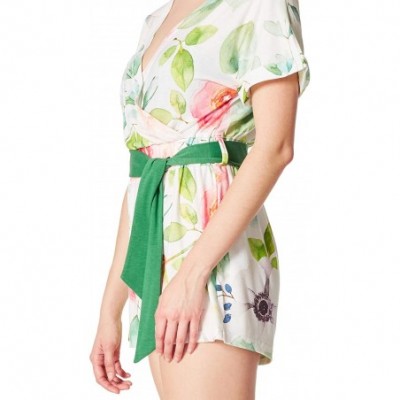 Sets Women's Soft Wrap Pajama Romper Short Sleeve Sleepwear with Drawstring Small-XX-Large - Green Floral - CI18RS9XZ4Q