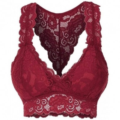 Bras Women Ladies Fashion Stretchy Floral Lace Hollow Out Bralette Bra Everyday Bras - Wine Red - C31987RNR8H