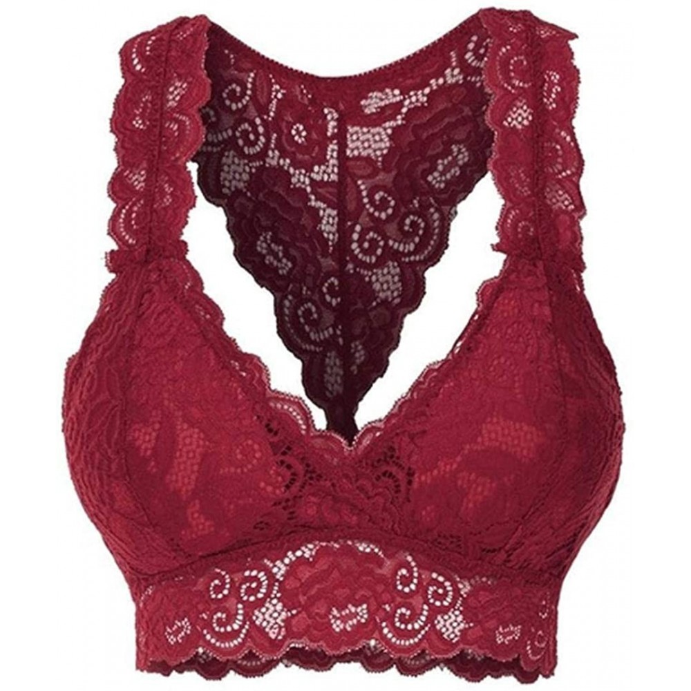 Bras Women Ladies Fashion Stretchy Floral Lace Hollow Out Bralette Bra Everyday Bras - Wine Red - C31987RNR8H