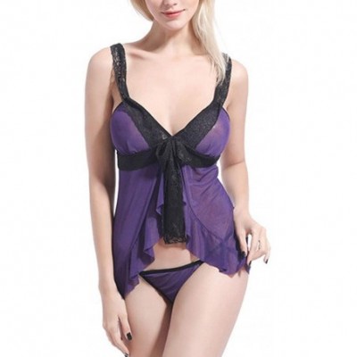 Accessories Women Lingerie Open Front Babydoll Lace Chemise Sleepwear Sheer Lace Robe - Purple - CU18ROIE0LR