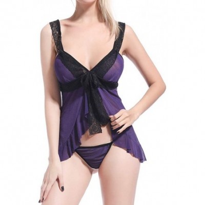 Accessories Women Lingerie Open Front Babydoll Lace Chemise Sleepwear Sheer Lace Robe - Purple - CU18ROIE0LR