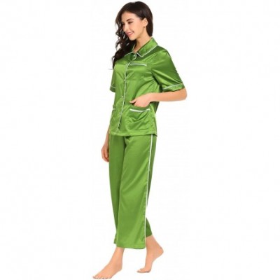 Sets Women Patchwork Trumpet Short Sleeve Tops with Wide Leg Ankle Length Pants Pajamas Sets - Green - C018H55H5ZA