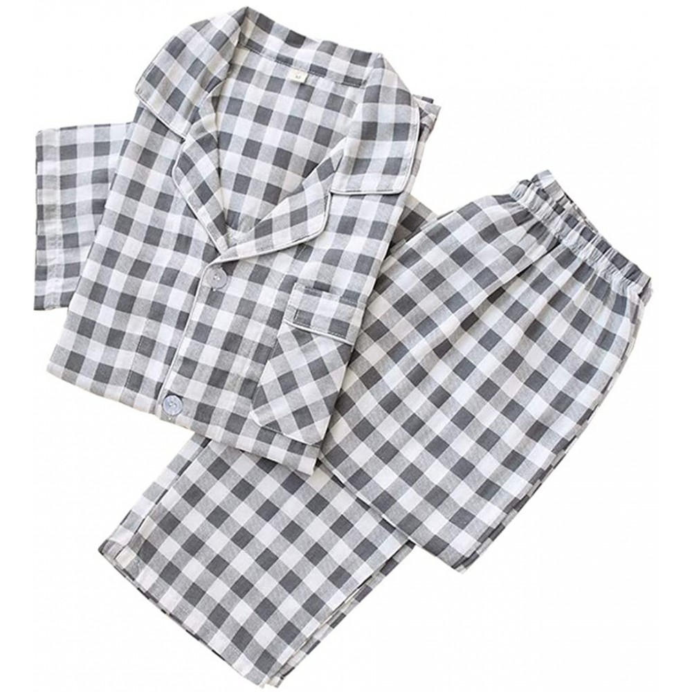 Sleep Sets Summer Check Print Notch Collar 100% Cotton Long Pants Two Pieces Pajamas Set for Couple - Grey for Women - CP19DL...