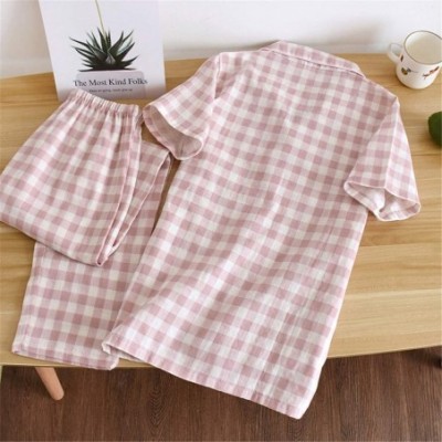 Sleep Sets Summer Check Print Notch Collar 100% Cotton Long Pants Two Pieces Pajamas Set for Couple - Grey for Women - CP19DL...