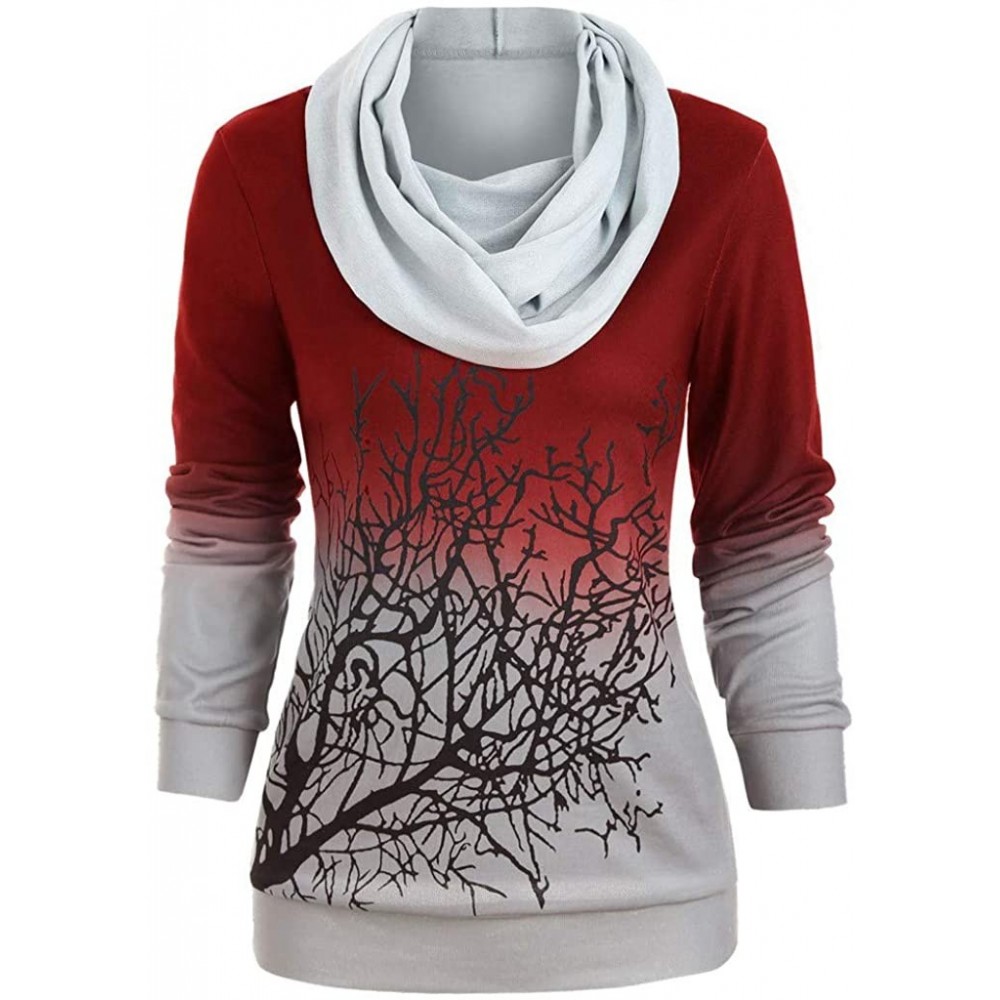 Thermal Underwear Halloween Tree Print Piled Collar Hooded Sweater Women Plus Size Convertible Sweatshirt - Red - C618ZEWIYKM