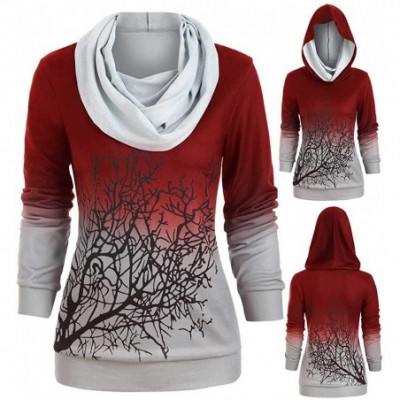 Thermal Underwear Halloween Tree Print Piled Collar Hooded Sweater Women Plus Size Convertible Sweatshirt - Red - C618ZEWIYKM