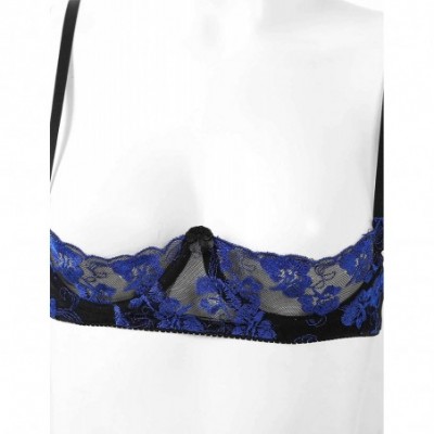 Bras Women's See Through Sheer Lace Half Cup Underwired Shelf Bra with G-String Briefs - Blue a - CT19944XK7C