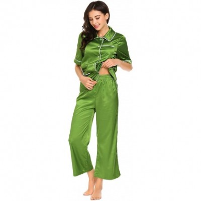 Sets Women Patchwork Trumpet Short Sleeve Tops with Wide Leg Ankle Length Pants Pajamas Sets - Green - C018H55H5ZA