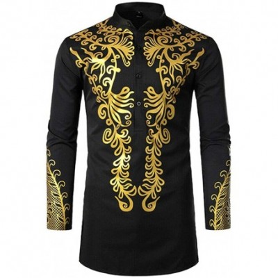 Robes Men Muslim Bronzing Shirt Long Sleeve Kaftan African Print Robe - Black - CI1908TL3YW