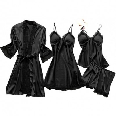 Baby Dolls & Chemises Women's 4PCS Silk Satin Pajama Set Cami Top Nightgown Lace Sleepwear Robe Babydoll Sets Sexy Nightdress...