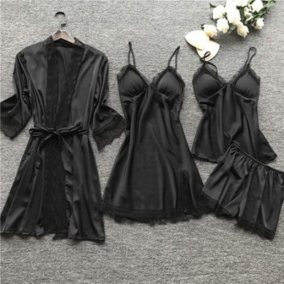 Baby Dolls & Chemises Women's 4PCS Silk Satin Pajama Set Cami Top Nightgown Lace Sleepwear Robe Babydoll Sets Sexy Nightdress...