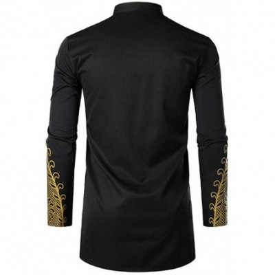 Robes Men Muslim Bronzing Shirt Long Sleeve Kaftan African Print Robe - Black - CI1908TL3YW