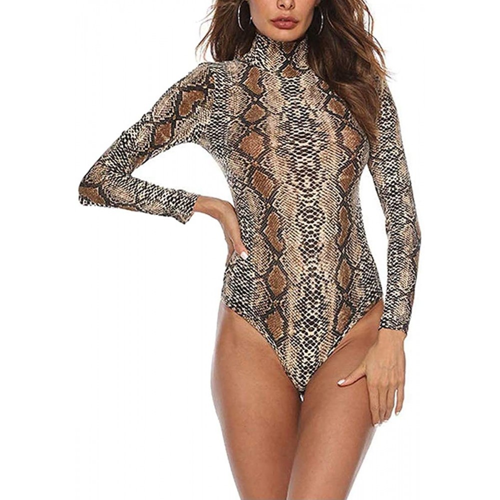 Shapewear Womens Sexy Leopard Print Bodysuit Long Sleeve Bodycon Jumpsuit Mock Neck Stretchy Leotard Tops - Python 02 - CU18A...