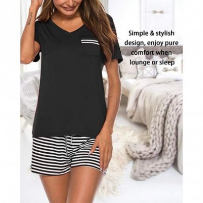 Sets Pajamas for Women Short Sleeve Sleepwear Set V Neck Nightwear Tops Loungewear Shorts Soft Pjs Short Sleeve black - C718A...