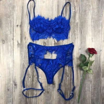 Bustiers & Corsets Sexy Lingerie 3-Pc Women Lace Straps Bra and Panty Garter Set Underwear Babydoll - Blue - CF1966WGK5G