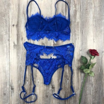 Bustiers & Corsets Sexy Lingerie 3-Pc Women Lace Straps Bra and Panty Garter Set Underwear Babydoll - Blue - CF1966WGK5G