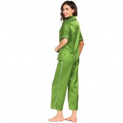 Sets Women Patchwork Trumpet Short Sleeve Tops with Wide Leg Ankle Length Pants Pajamas Sets - Green - C018H55H5ZA