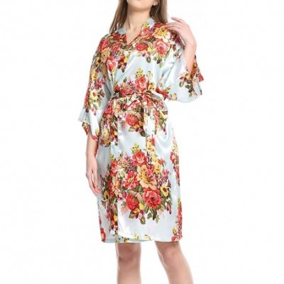 Robes Women's Floral Kimono Robe Satin Sleepwear Bridesmaid Bride Robes for Wedding - Light Blue - C9197QOETZ6