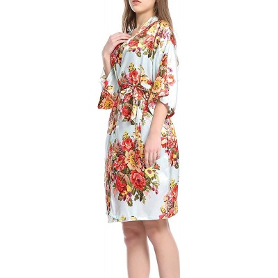 Robes Women's Floral Kimono Robe Satin Sleepwear Bridesmaid Bride Robes for Wedding - Light Blue - C9197QOETZ6