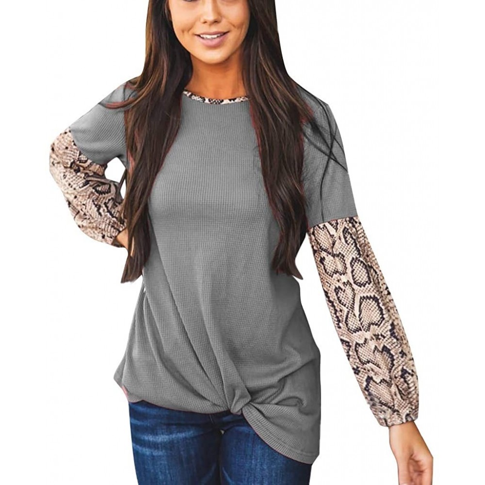 Bustiers & Corsets Women Leopard Print Long Puff Sleeve Splicing Striped Tops Patchwork Pullovers - I-gray - CY192S5U2WW