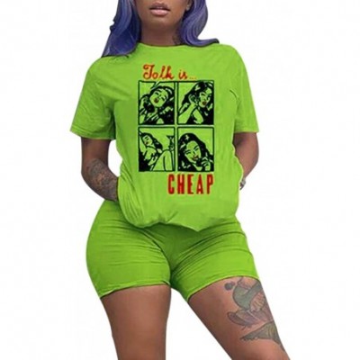 Sets Women Casual 2 Piece Outfit Short Sleeve Cartoon Print T-Shirts Bodycon Shorts Set Jumpsuit Rompers - Apple Green - C418...