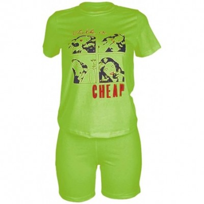 Sets Women Casual 2 Piece Outfit Short Sleeve Cartoon Print T-Shirts Bodycon Shorts Set Jumpsuit Rompers - Apple Green - C418...