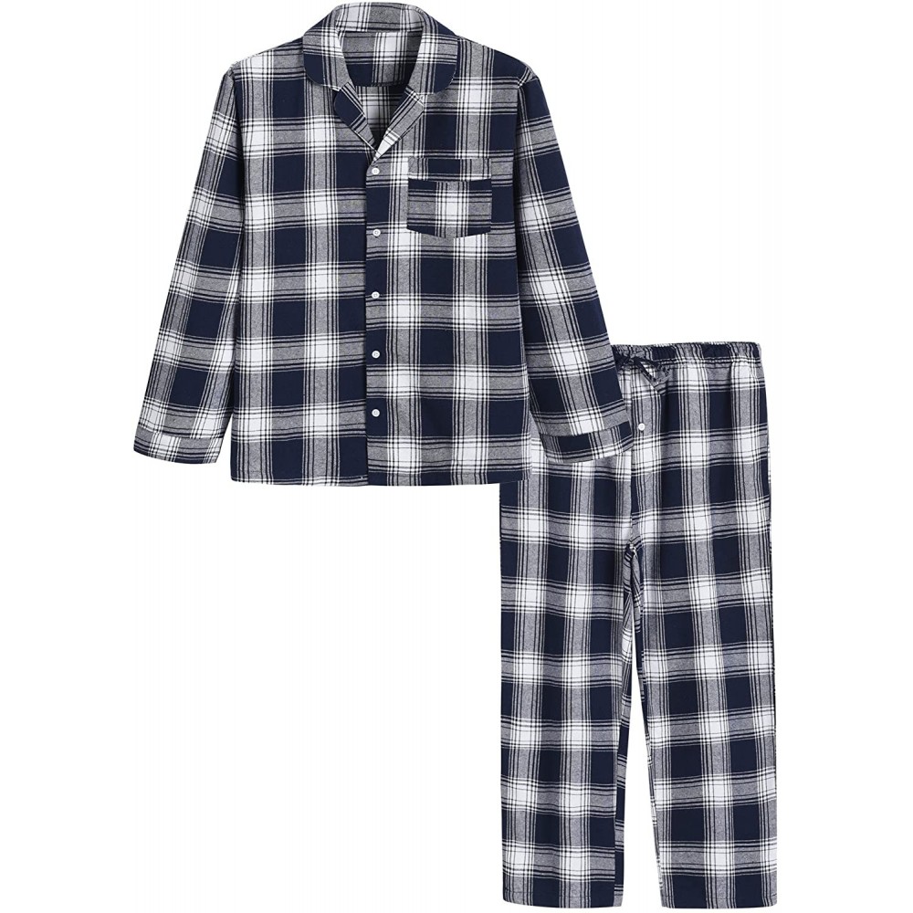 Sleep Sets Men's Cotton Pajama Set Plaid Woven Sleepwear - Navy - CS1888IZ3WI