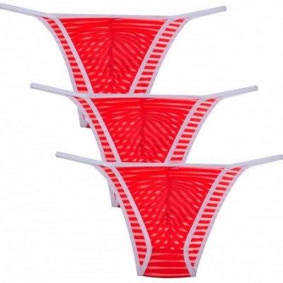 Briefs Men's See Through Cheeky Briefs Underwear Sexy Stripe Mesh String Bikini Briefs - 3-pack Red - CY193S8G8LC