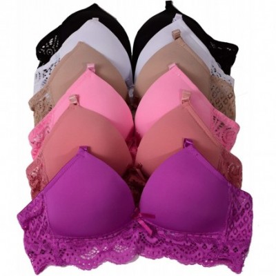 Bras 6 Pieces No Wire Full Cup Plain/Lace Light Padded Wire Free Bra A/B/C/D - 6665bra-longlace-3hooks - CL18WQZ07LQ