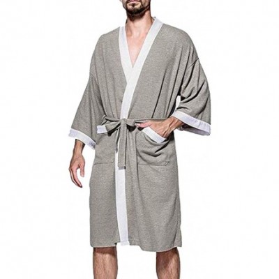 Robes Men's Waffle Kimono Robe Cotton Lightweight Nightgowns Spa Terry Cloth Bathrobe Sleepwear with Pockets - Grey-white - C...