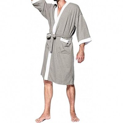 Robes Men's Waffle Kimono Robe Cotton Lightweight Nightgowns Spa Terry Cloth Bathrobe Sleepwear with Pockets - Grey-white - C...