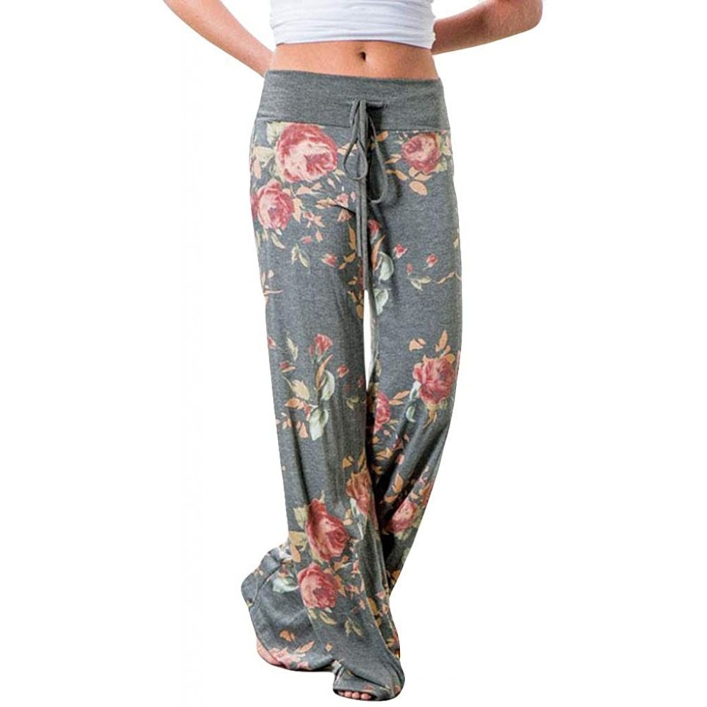 Bottoms Comfy Casual Pajama Pants Floral Print Drawstring Palazzo Lounge Pants Wide Leg - 03-gray - C01947ICC9K