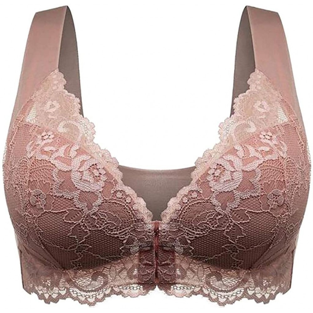 Bras Everyday Bra for Women Front Closure Lace Bra Plus Size Lace Trim Bra Adjustable Underwear for Ladies - Coffee - CY18ZC4...