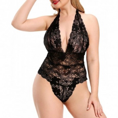 Baby Dolls & Chemises Plus Size Open Back Lace Lingerie Deep V Teddy& Bodysuits Babydoll Sleepwear - Black - CL194DXZZX2