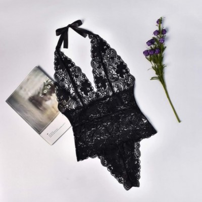 Baby Dolls & Chemises Plus Size Open Back Lace Lingerie Deep V Teddy& Bodysuits Babydoll Sleepwear - Black - CL194DXZZX2