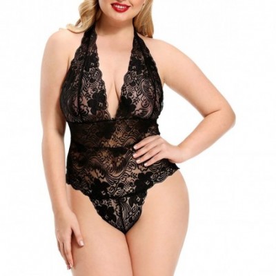 Baby Dolls & Chemises Plus Size Open Back Lace Lingerie Deep V Teddy& Bodysuits Babydoll Sleepwear - Black - CL194DXZZX2